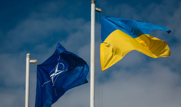 Национальный флаг Украины и флаг Организации Североатлантического договора (НАТО) Национальный флаг Украины и флаг Организации Североатлантического договора (НАТО)