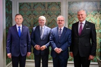 Президент Польши Дуда, президент Эстонии Алар Карис, президент Латвии Эгилс Левитс и президент Литвы Гитанас Науседа на встрече во время Генеральной Ассамблеи ООН, 20 сентября 2022