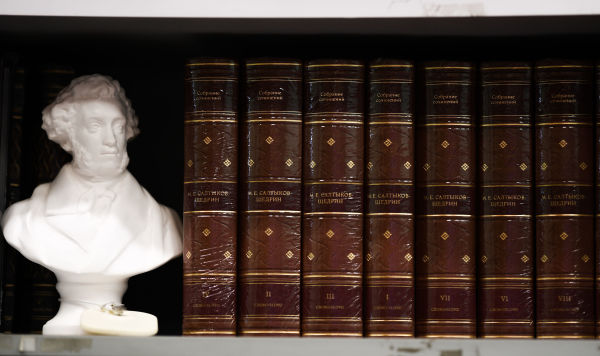 Бюст Александра Пушкина на книжной полке