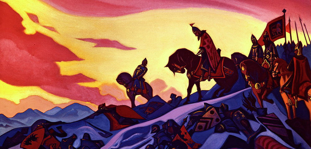 Репродукция картины Николая Константиновича Рериха "Александр Невский", 1942 г. Александр Невский после победы над немецкими рыцарями. Ледовое побоище, 1242 год.